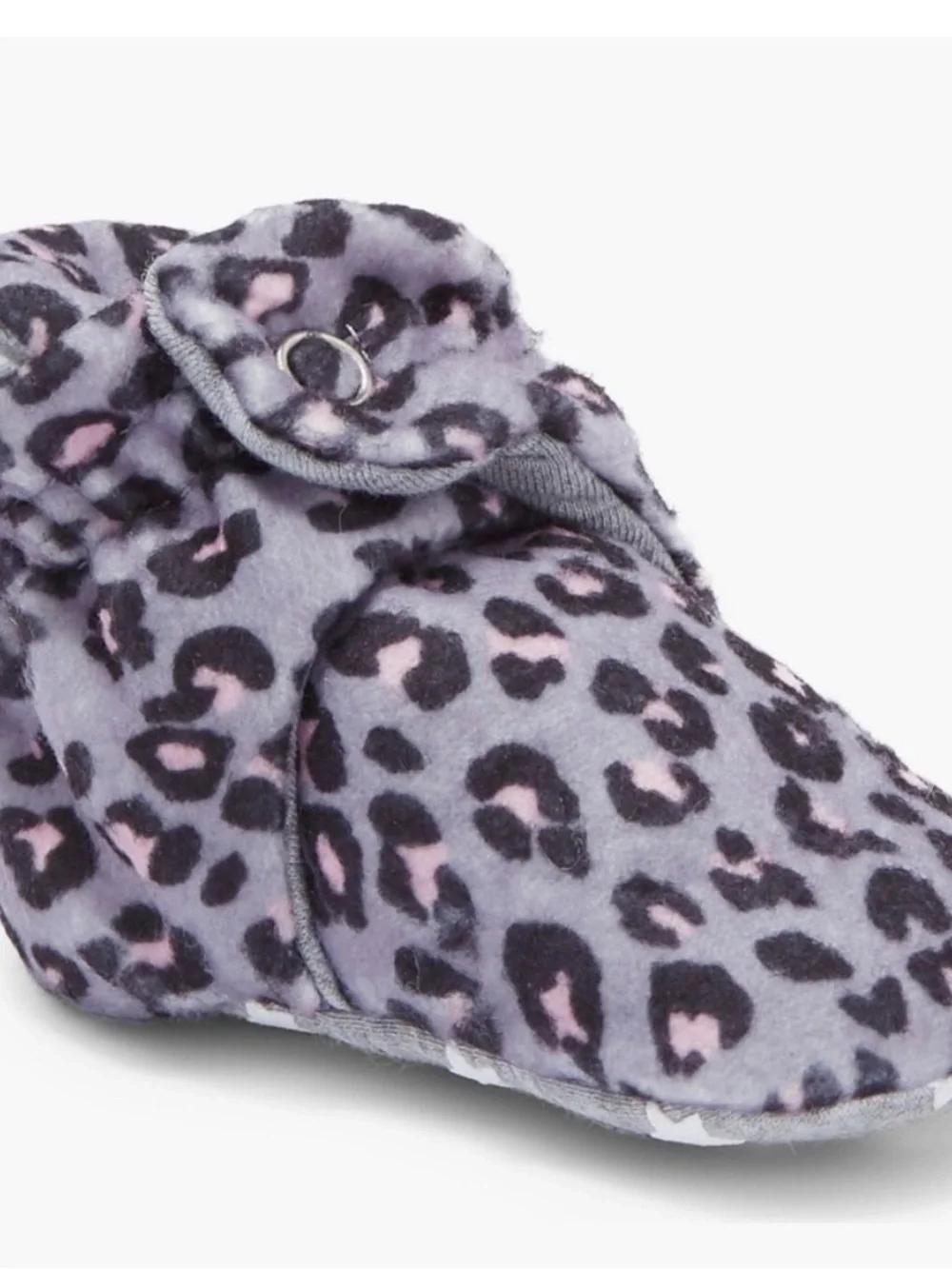 Ro+Me by Robeez Plush Leopard Print Baby Booties in Gray Lavender & Pink 3-6M